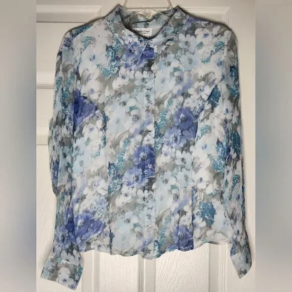 Coldwater Creek PXL White Mlticlrd Floral Print Lined Lngslv Women Shirt Blouse - Picture 4 of 7